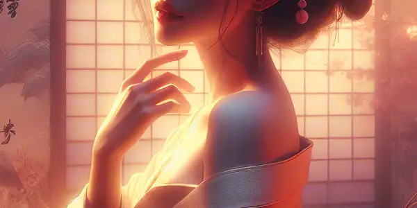 A romantic scene featuring an elegant woman in a softly lit room, embodying desire and tenderness amidst traditional Japanese elements.