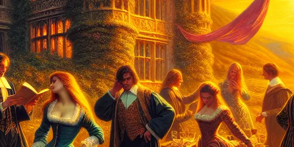 A lively medieval gathering in a lush landscape, blending classic literature themes with modern adult undertones.