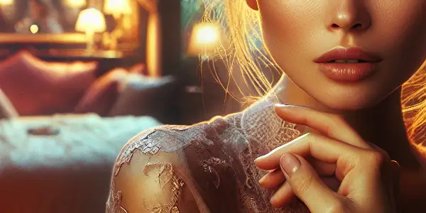 Hinata Mao in a dimly lit, elegant room, exuding desire and mystery in a sensual lace dress.