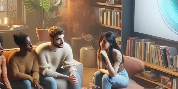 A diverse group of young adults discusses sexual education in a cozy, inviting living room with educational materials.