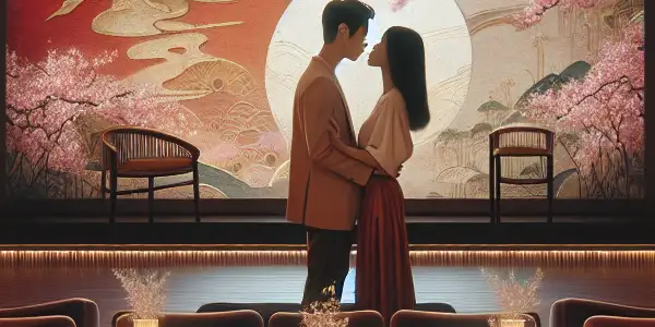 A modern cinema scene with a couple sharing a tender moment, surrounded by warm lighting and Japanese aesthetic elements.