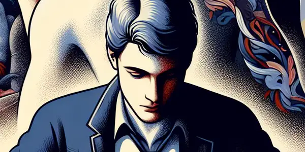 A young adult writes in a diary, surrounded by symbols of temptation and conflict, reflecting on sexual addiction.