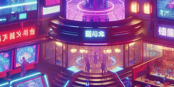 A futuristic Japanese AV film set featuring neon lights, holographic displays, and characters engaged in surreal interactions.