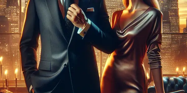 A powerful CEO and an ordinary girl share a charged moment in a luxurious office at sunset.