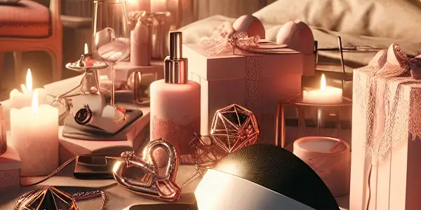 A luxurious bedroom featuring a VR headset and elegant adult toys, creating an intimate and playful atmosphere.