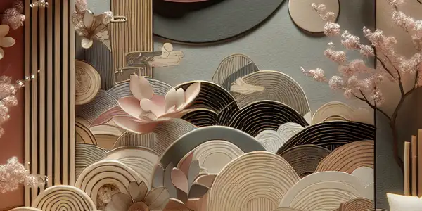 A serene, elegant room with soft colors, cherry blossoms, and cozy cushions, symbolizing purity in adult content.