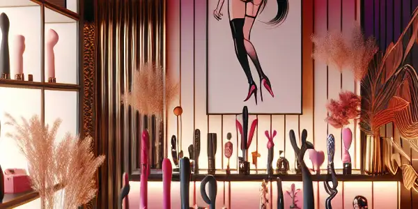 A modern adult toy store interior, "Pleasure Paradise," featuring stylish displays, warm lighting, and inviting decor.