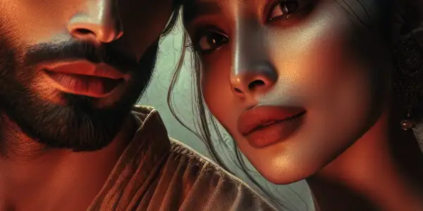 A passionate man gazes at a mysterious woman in a serene Japanese garden, embodying romantic obsession.