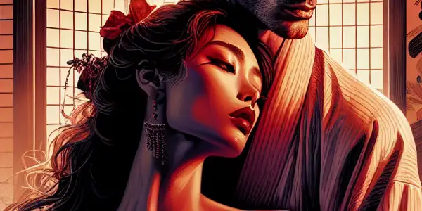 A passionate man and a mysterious woman in a dimly lit Japanese room, embodying desire and tension.