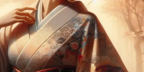 A graceful woman in a kimono stands among cherry blossoms, evoking romance and intimacy in a serene setting.