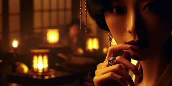 A beautiful actress in an elegant outfit, surrounded by sakura blossoms and shoji screens, exudes mystery in a luxurious room.