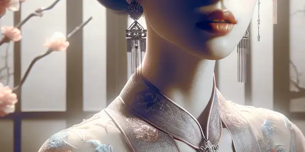 A beautiful woman in elegant attire, surrounded by traditional Japanese elements and soft ambient lighting, exuding allure and mystery.