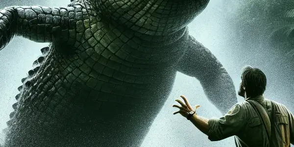 A massive crocodile lunges from a swamp as a rugged adventurer looks on in shock.