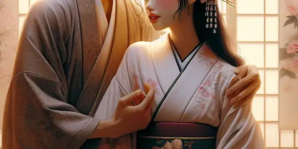 A romantic scene featuring two characters in traditional Japanese attire, surrounded by shoji screens and cherry blossoms.