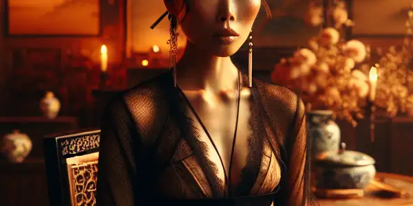 A dramatic scene featuring a confident female figure in a luxurious setting, embodying BDSM themes and erotic tension.