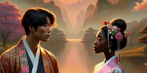 A romantic couple in traditional attire against a serene sunset over a tranquil lake, surrounded by cherry blossoms and hills.