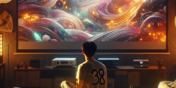 A cozy home theater scene with Xiao Ming enjoying a movie, surrounded by plush seating and colorful visuals.