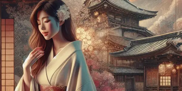 A serene Japanese woman in an intimate, romantic setting adorned with cherry blossoms and soft lighting.
